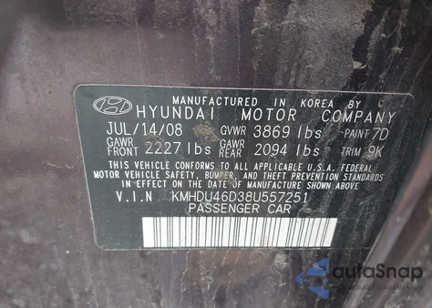 2008 Hyundai Elantra Gls/Se from USA, damaged, VIN KMHDU46D38U557251